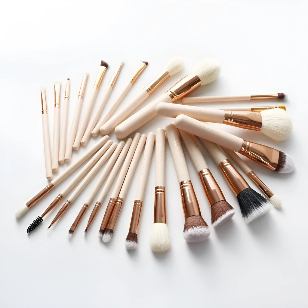 26 piece pink makeup brush set with wooden handles in protective PU storage bag