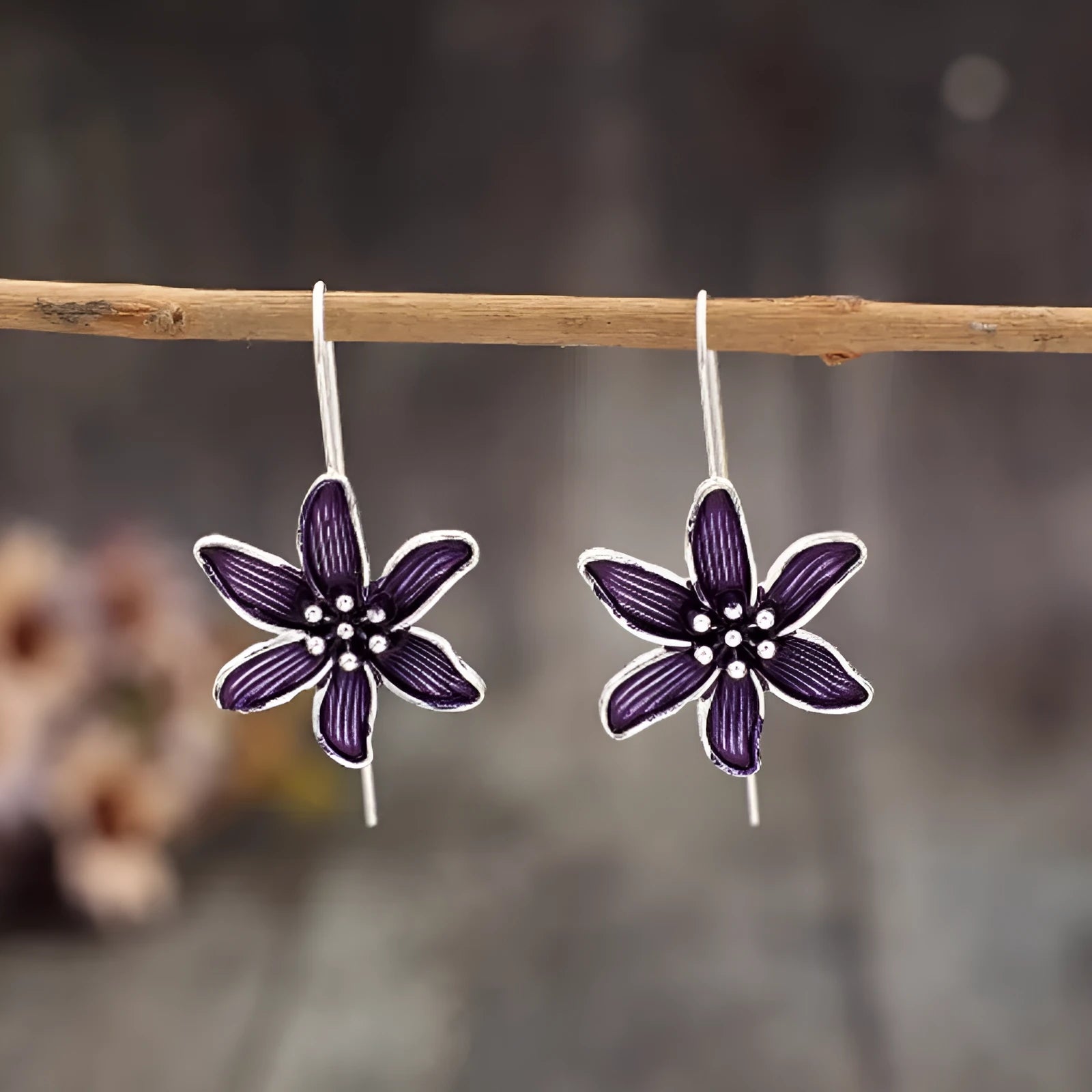 Purple flower-shaped alloy earrings with electroplated finish for women