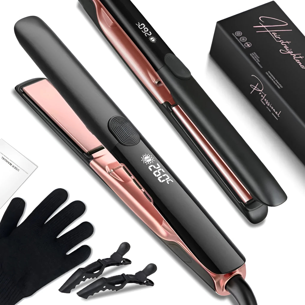 Hair straightener with digital temperature display showing 207℃ and anion technology label
