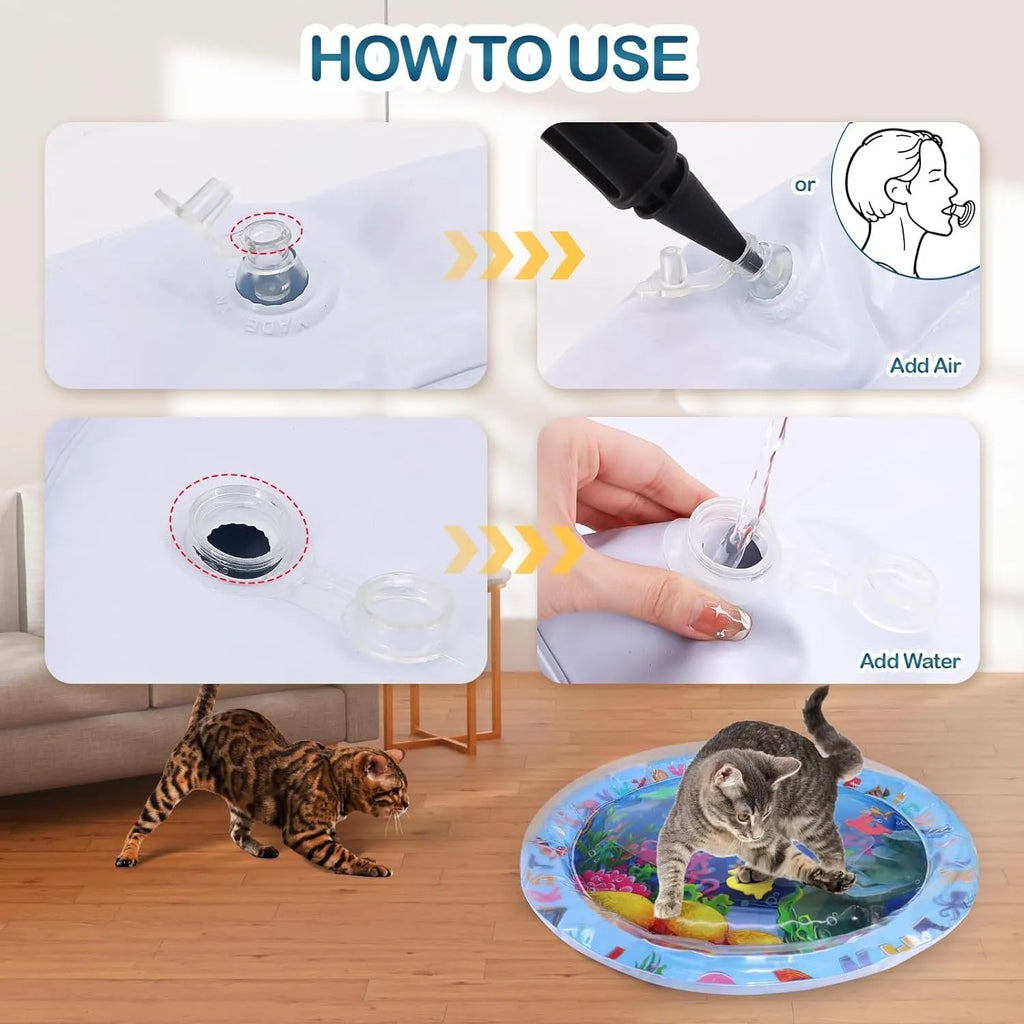 Square cat water playmat with ocean fish design and floating toys on blue PVC surface