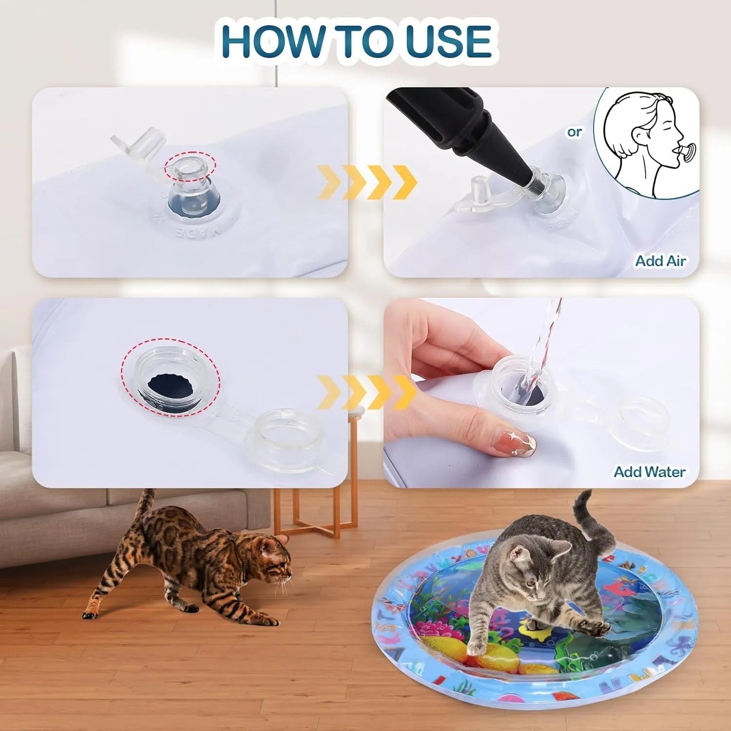 Square cat water playmat with ocean fish design and floating toys on blue PVC surface