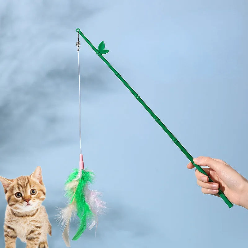 Interactive cat feather wand toy with bells and colourful feathers on durable wand with comfortable grip handle