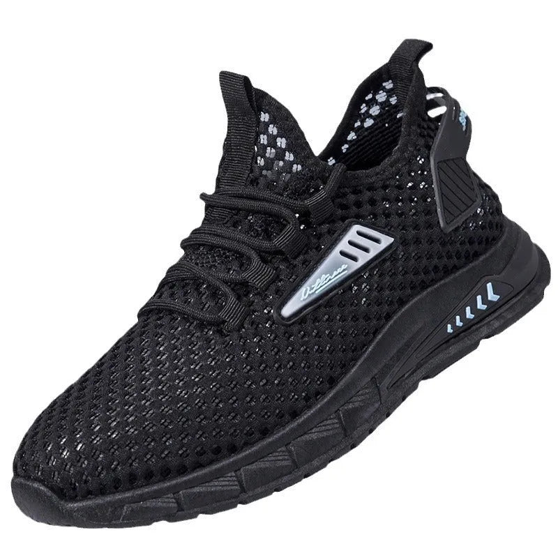 Men's beige mesh sneakers with lace-up front and synthetic leather upper on a flat EVA sole.