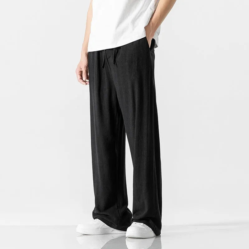 Men's bamboo fibre summer trousers with drawstring waist and cropped straight-leg design in solid colours