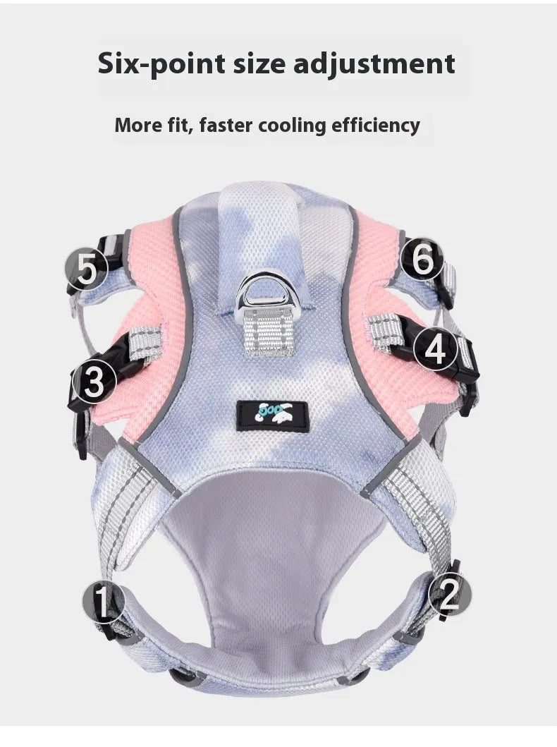 Reflective blue dog cooling vest chest strap harness with quick-release buckle on a grassy background.