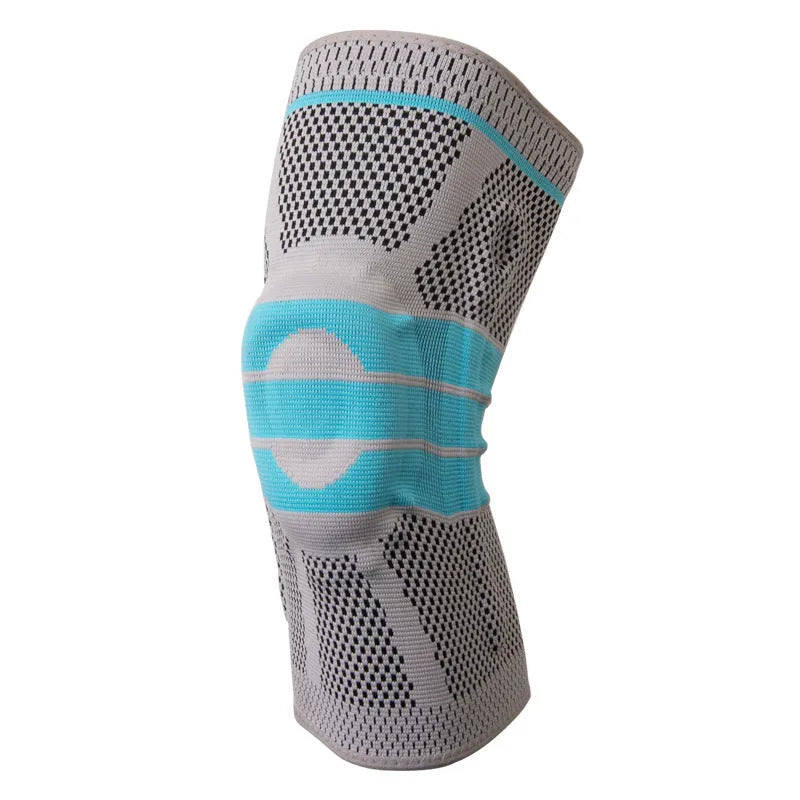 Sky blue silicone knee pads for sports, shown in S, M, L, XL sizes.