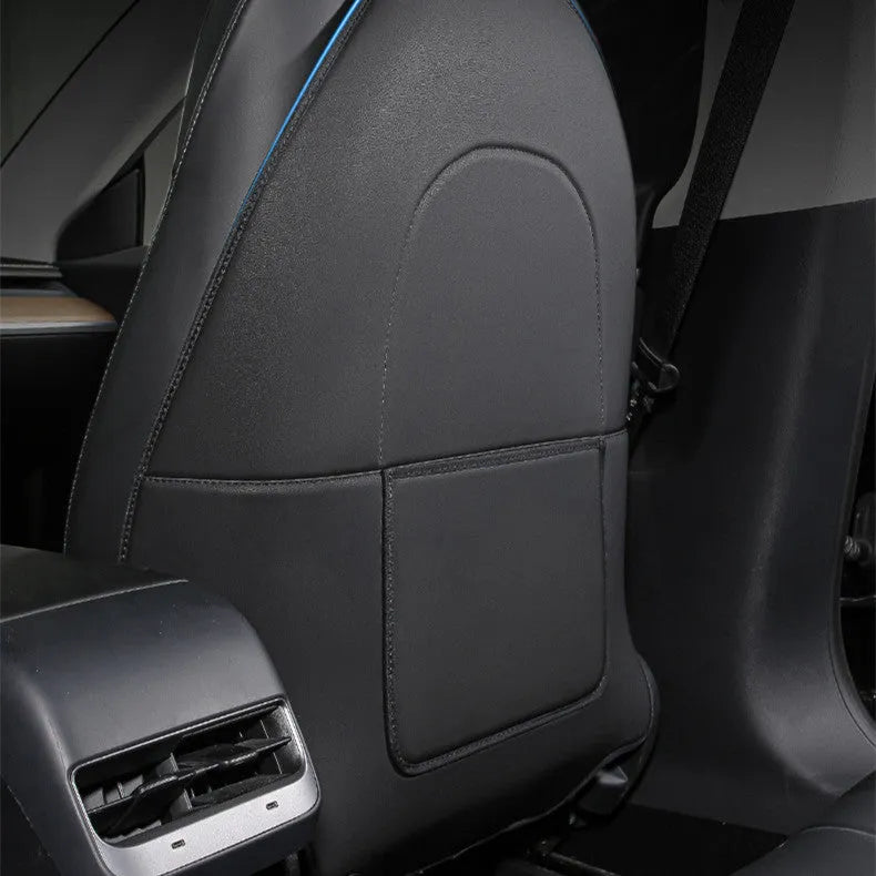 Pair of black leather anti kick pads for motorbike seat protection, 68cm long.