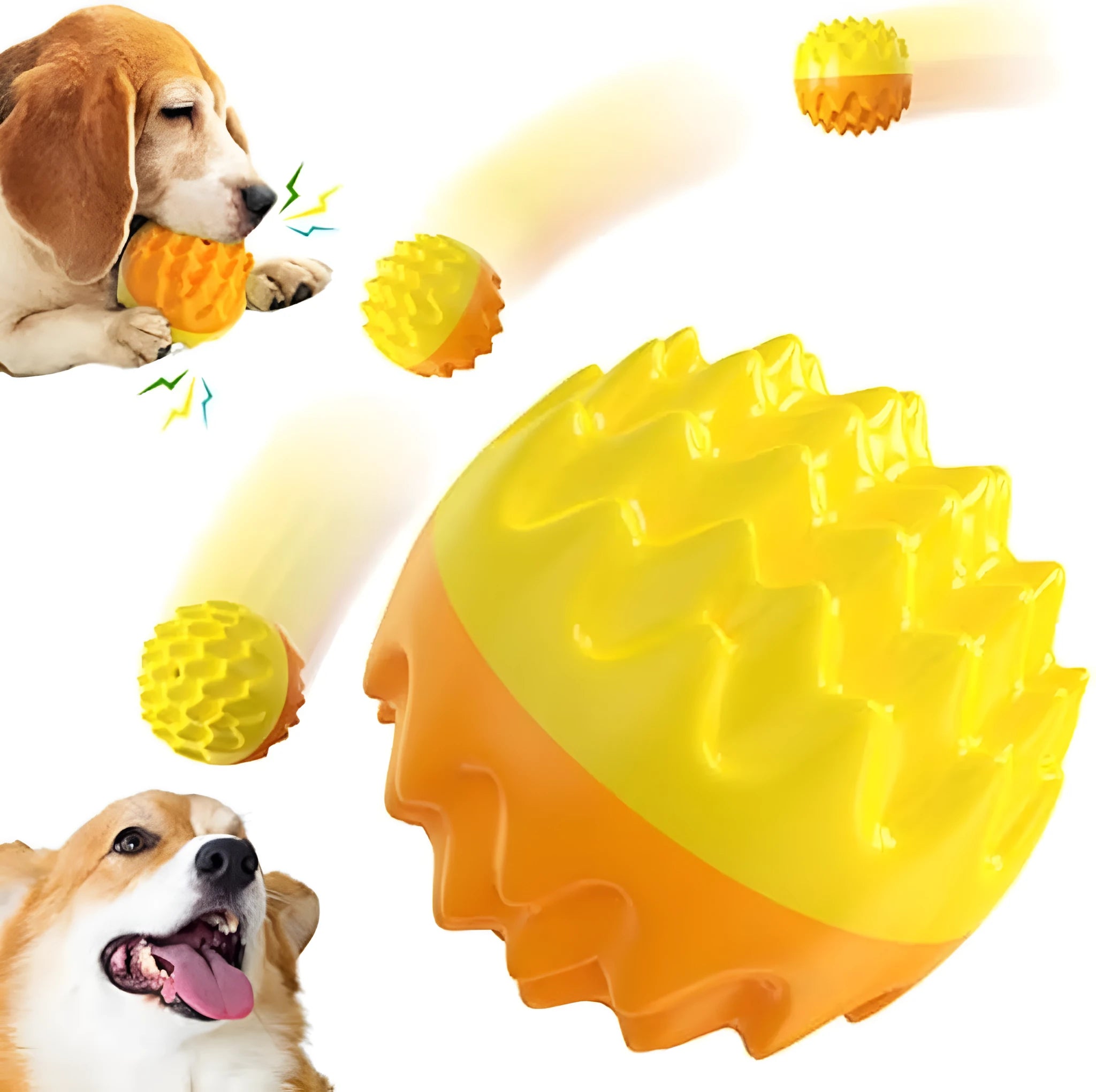 Blue or orange spiky rubber dog ball with dental cleaning texture and squeaker