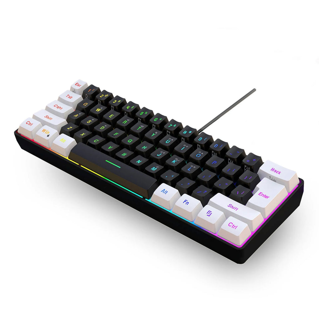 Compact 61-key wired membrane keyboard in white and black colour scheme