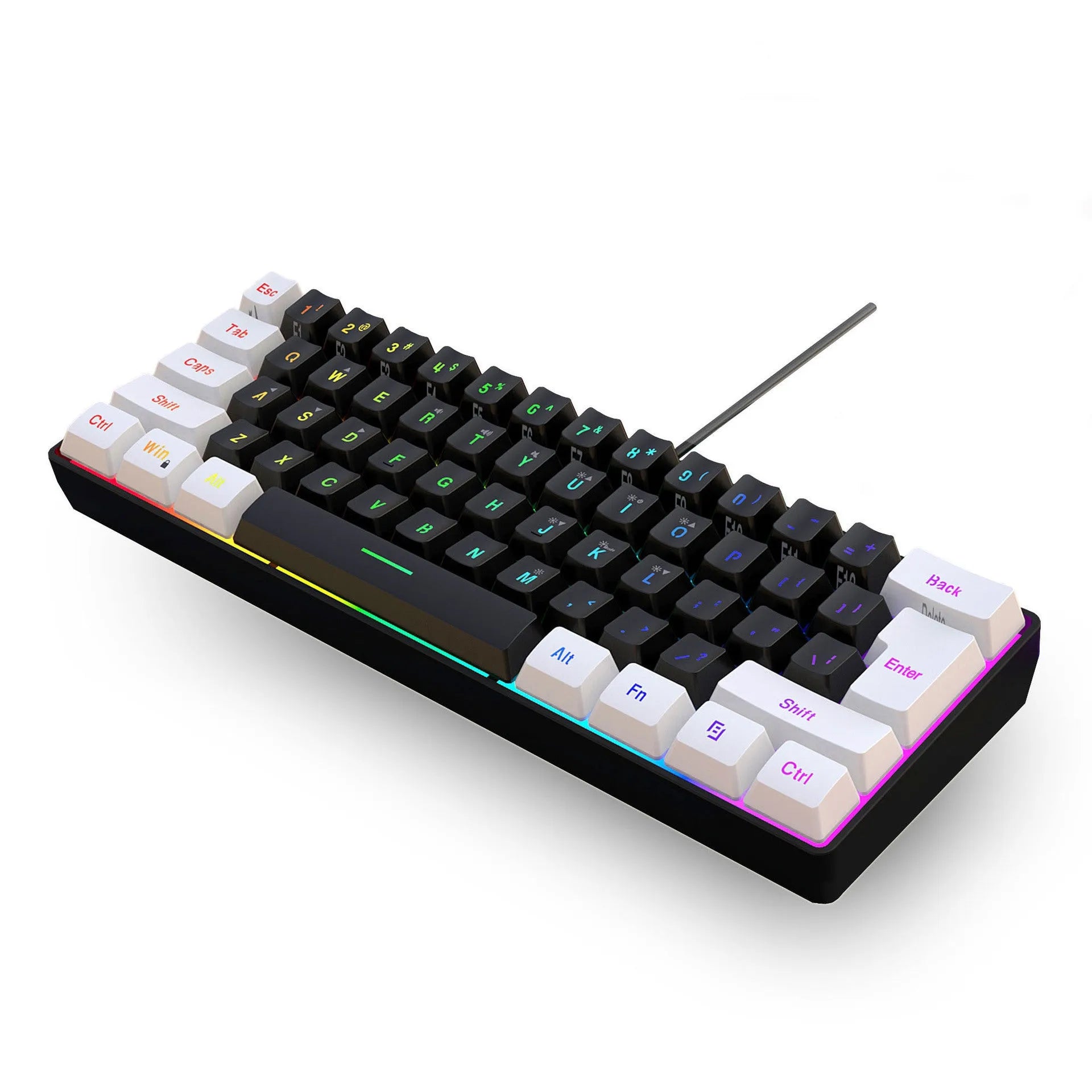 Compact 61-key wired membrane keyboard in white and black colour scheme