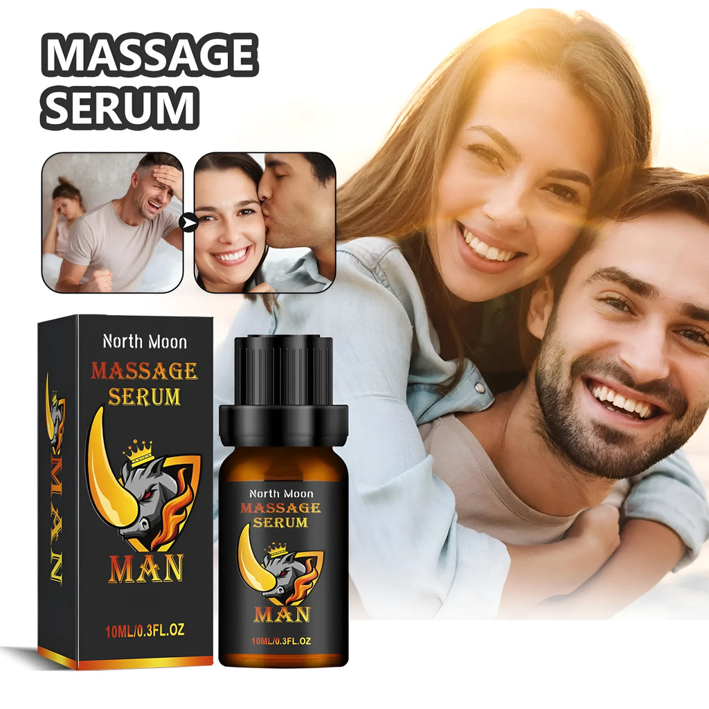 A 10ml bottle of men's body care massage oil with ginger and cocoa butter.