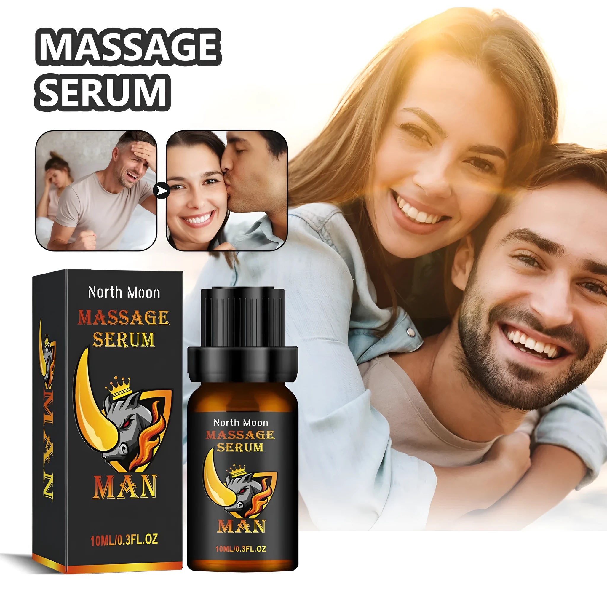 A 10ml bottle of men's body care massage oil with ginger and cocoa butter.