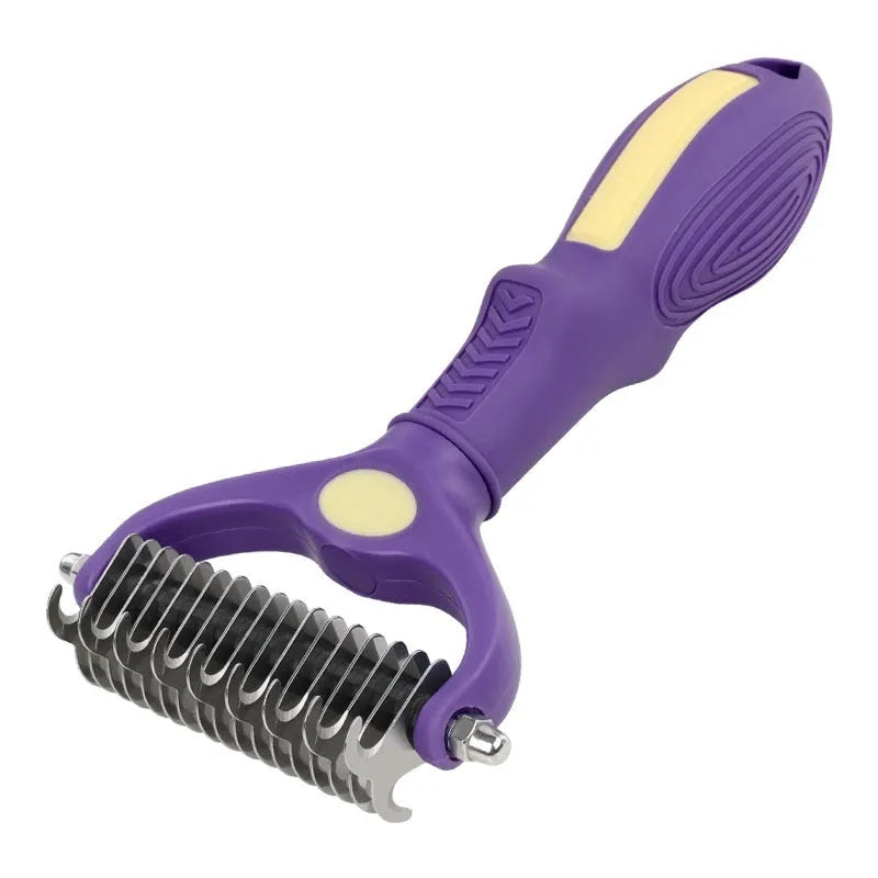 Purple double-sided plastic dog comb for removing knots and tangles from matted fur.