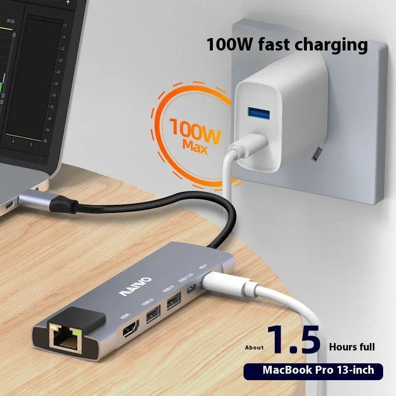Steam Deck 6-in-1 aluminium docking station showing USB-C, HDMI, Ethernet, and USB ports