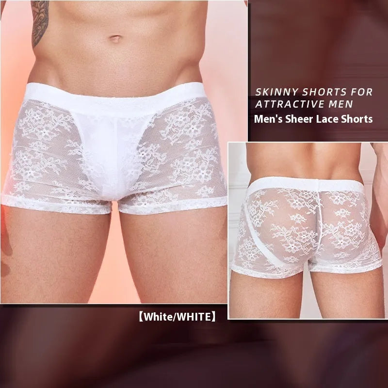 Men's black boxer briefs with white lace trim on the leg opening.