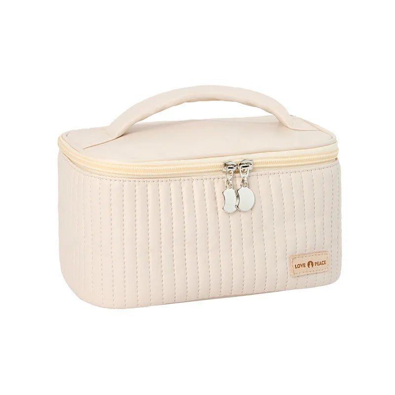 Open-top PU leather makeup bag in a choice of six solid colours: pink, coffee, beige, light blue, light green, light purple.