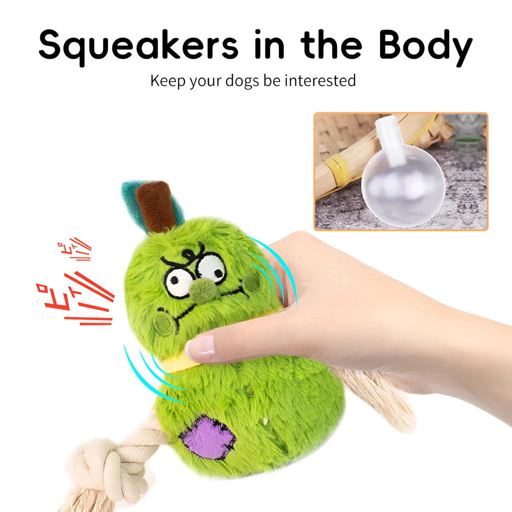 Green and purple plush rope knot dog toy with tug of war design for interactive play and dental care