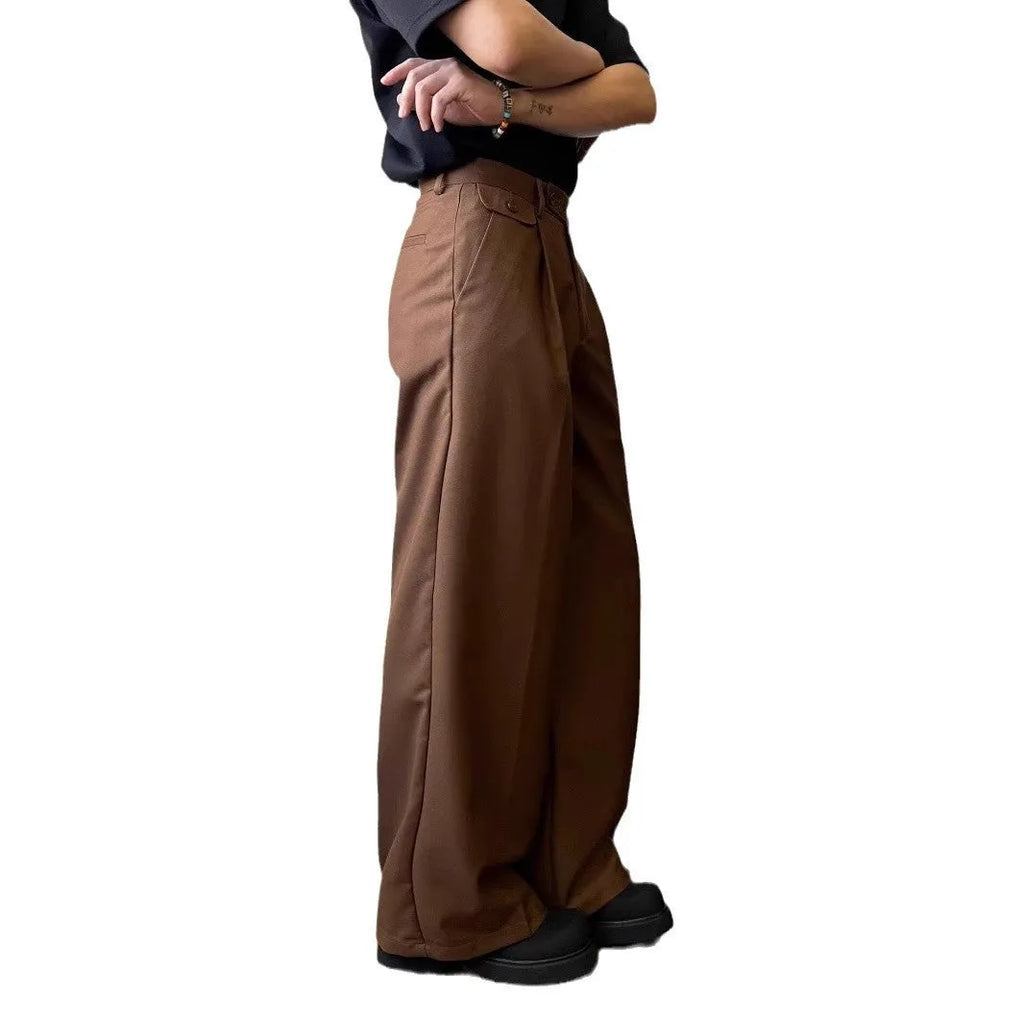 Men's straight loose wide-leg casual trousers in black and brown poly-blend fabric