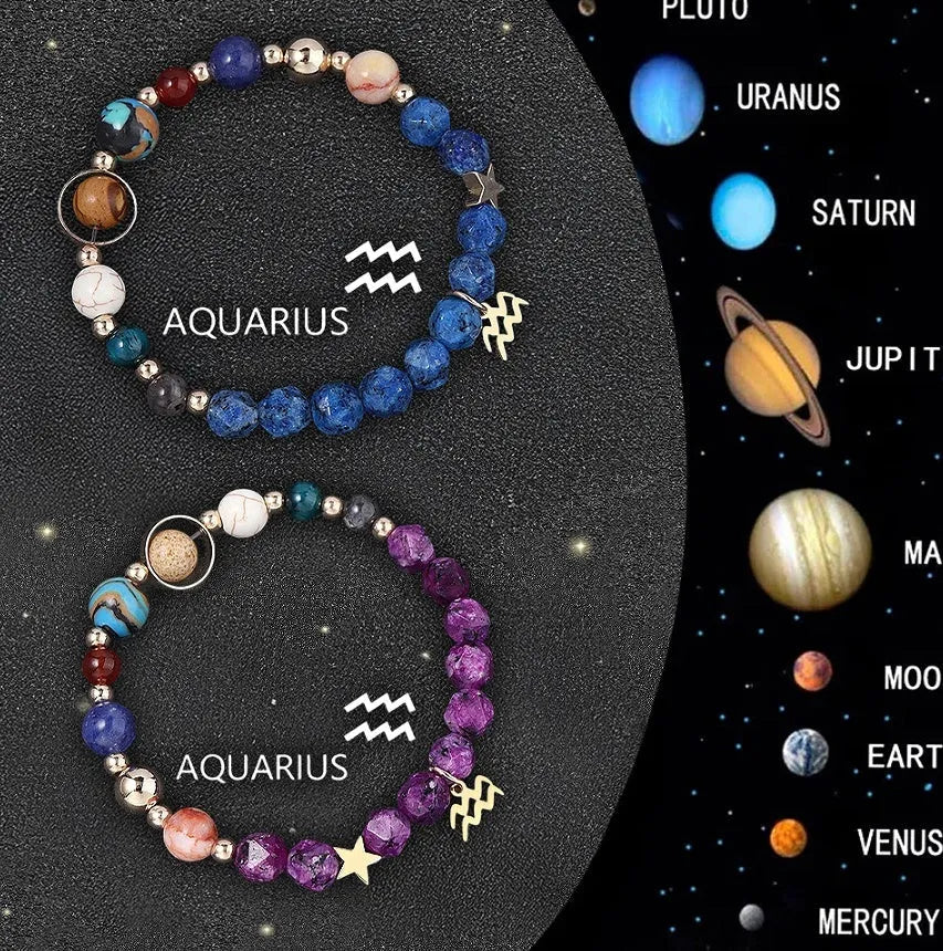 Set of twelve natural stone beaded bracelets showing different zodiac sign designs on elastic cords
