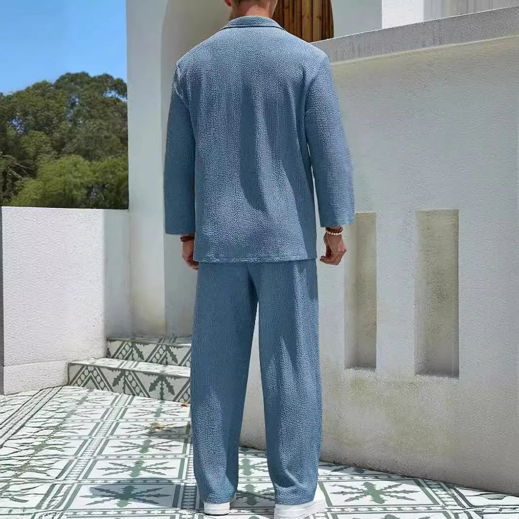Men's casual polyester shirt and trousers suit set in lake blue colour.