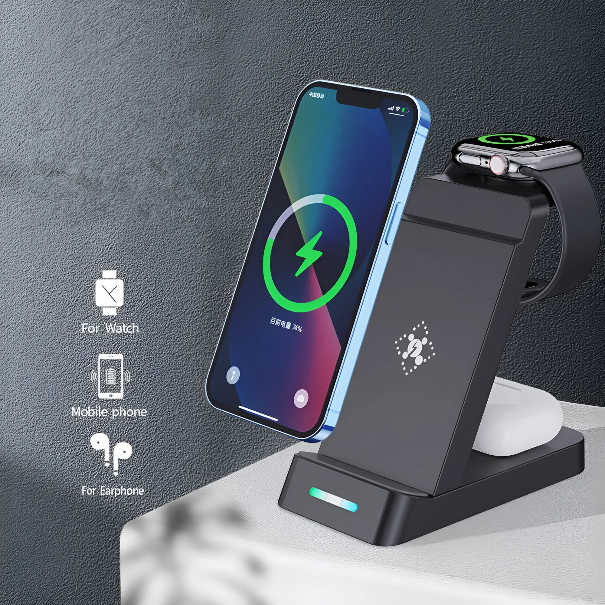 Black 3-in-1 wireless charging station holding a phone, AirPods case and Apple Watch on a desk.
