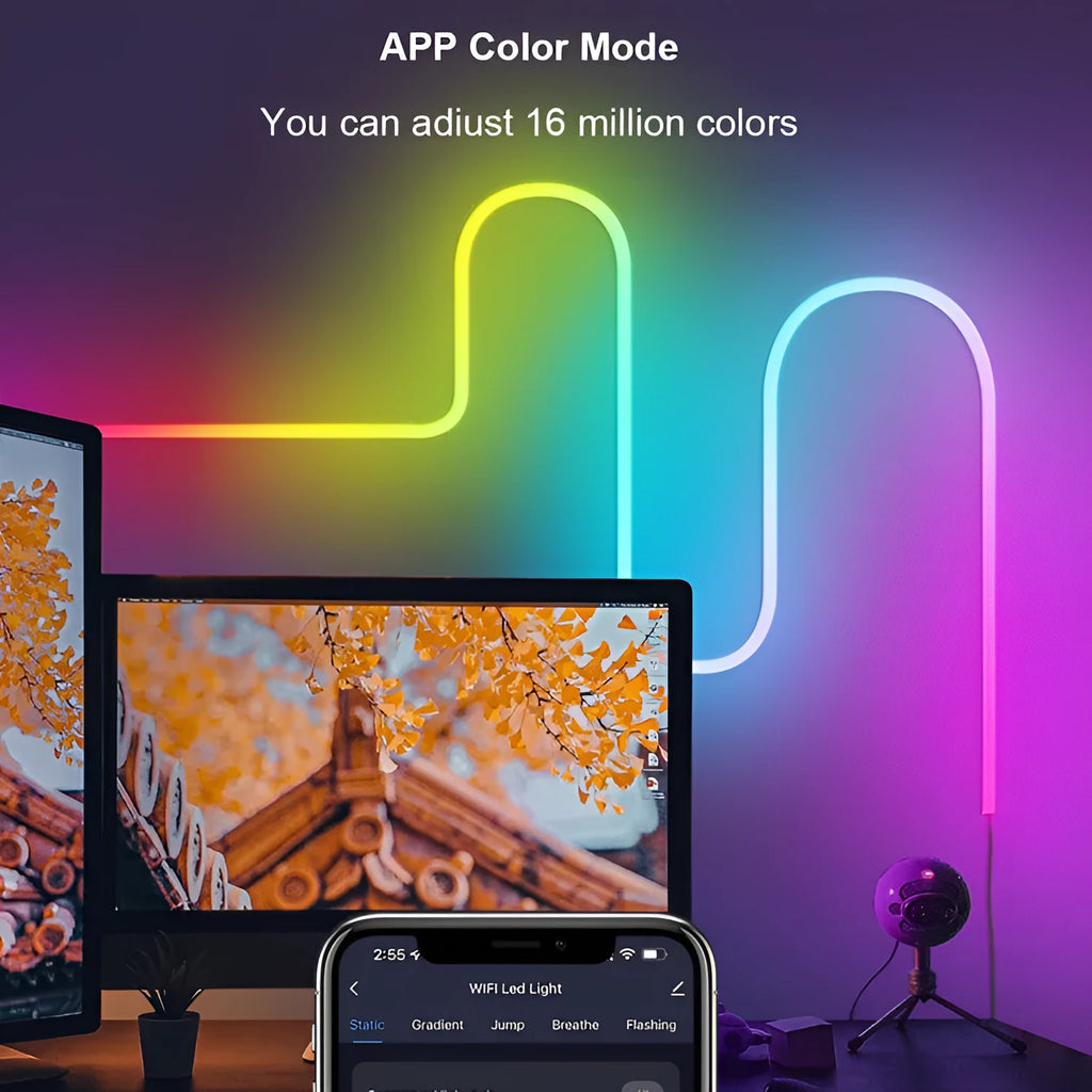 3 metre long RGB neon light strip showing colour-changing LEDs with remote control