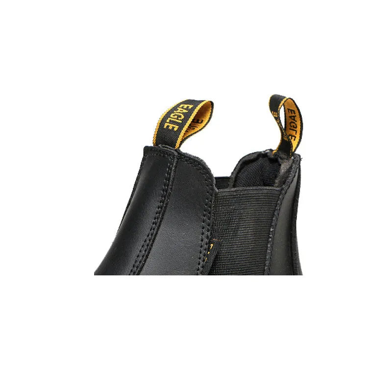 Black high-top leather safety work boots with anti-piercing sole on a work site background.