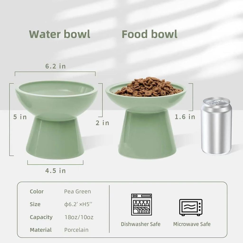 Extra wide elevated ceramic cat food and water bowl set in blue, green, pink or white