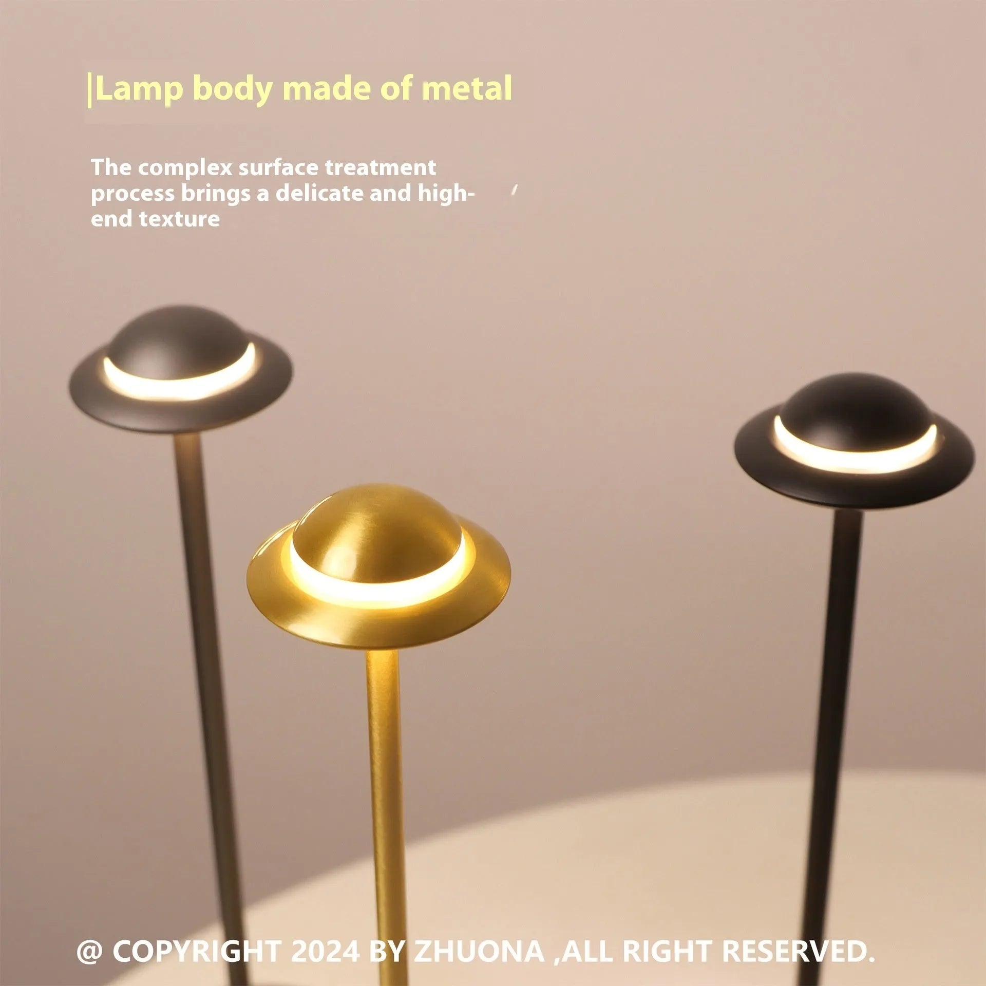 UFO-shaped metal table lamp with touch controls showing three colour dimming options