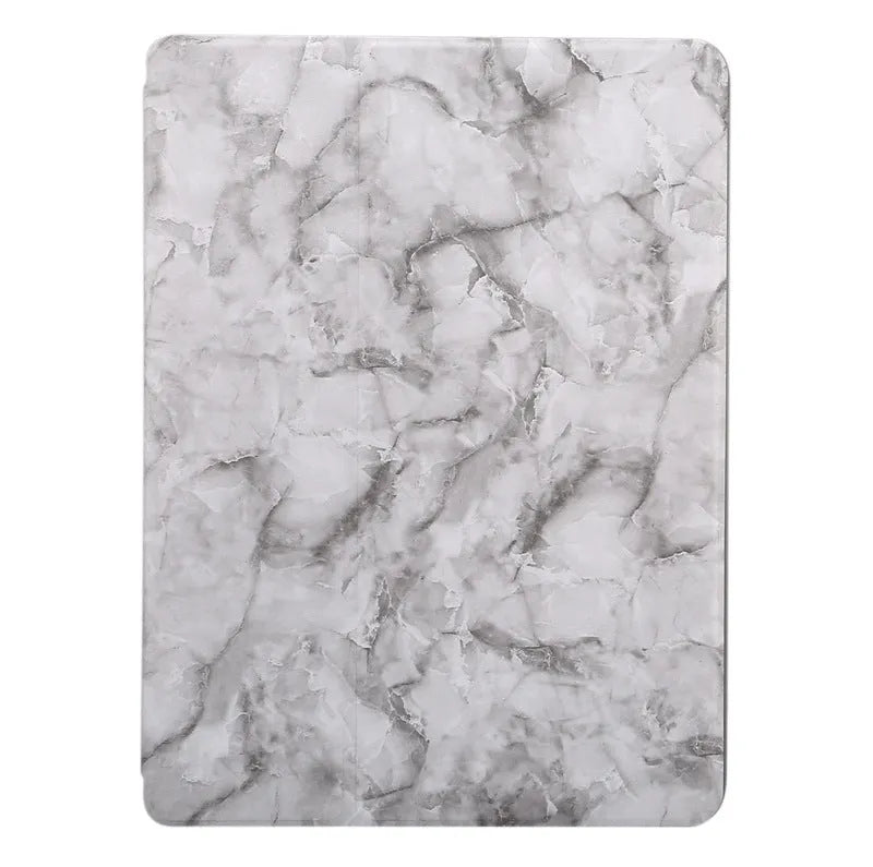 Imitation leather iPad tri-fold case with marbling pattern and built-in pen slot, shown in dark grey.