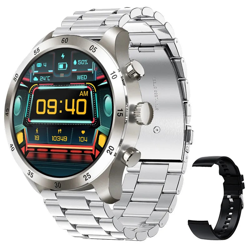 Black steel smart watch on wrist showing Bluetooth calling interface and health metrics.