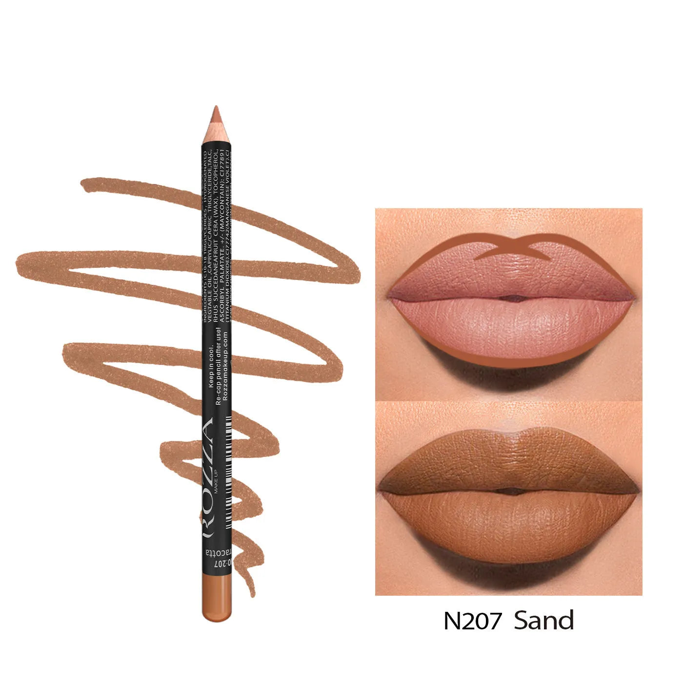 24-hour matte finish lip liner pencil in a range of wood tone shades on a white background.