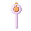 Self-cleaning pet grooming brush with purple handle and stainless steel bristles