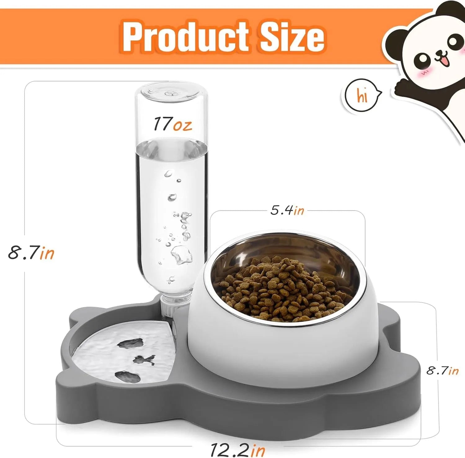 Grey and green panda-shaped automatic pet feeder with tilted stainless steel bowls and water bottle.