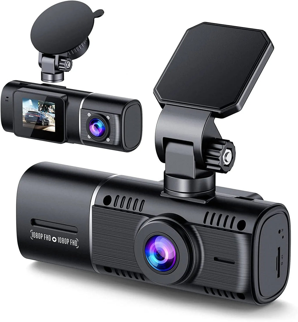 Black dashboard camera for car with 1.5-inch screen, shown with car charger and mounting stand.