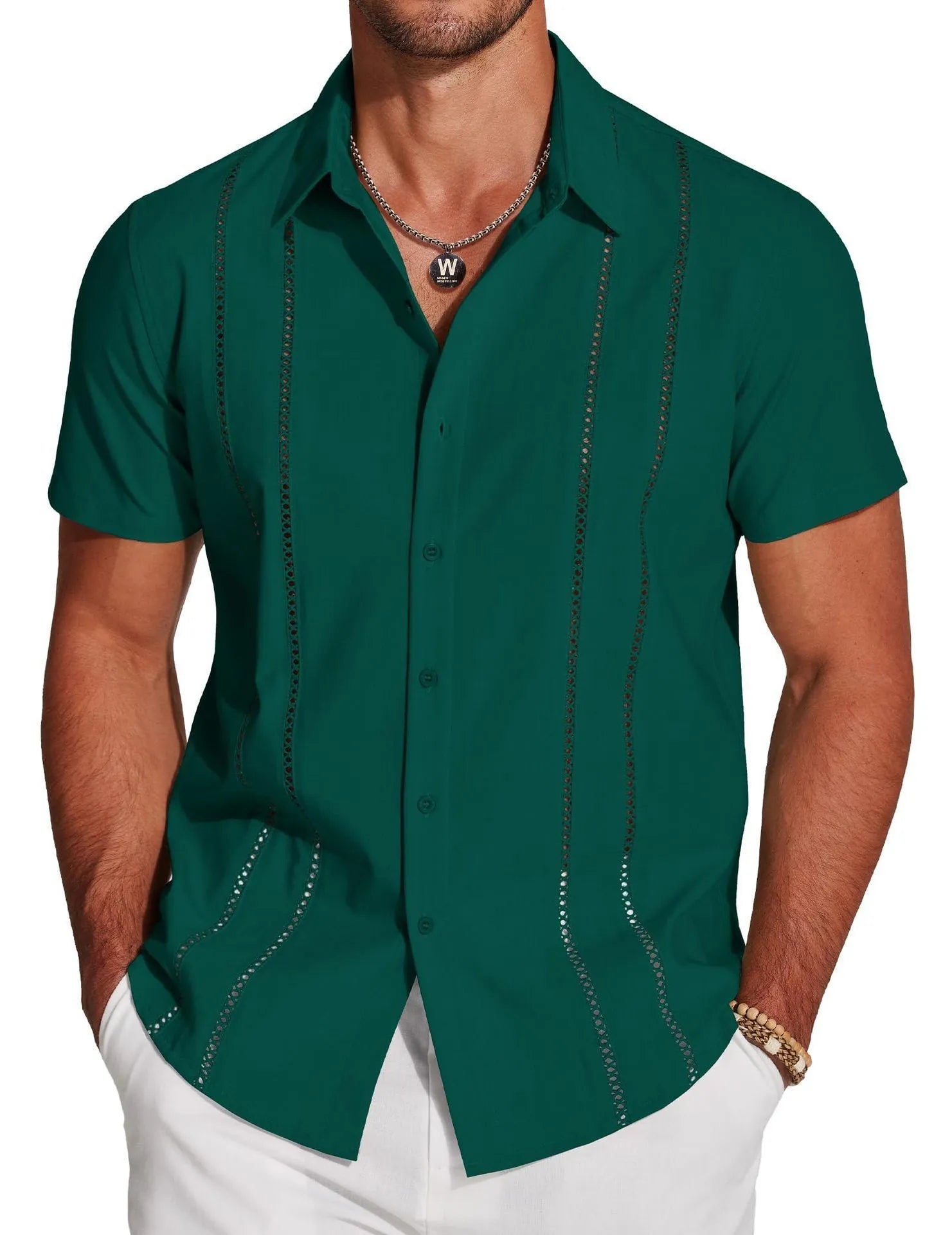 Men's slim fit short sleeve Hawaiian shirt with digital print pattern in stretch polyester fabric.