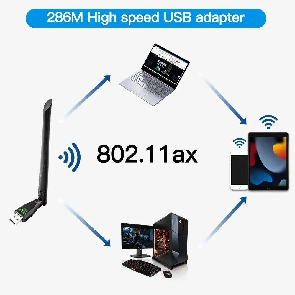 Black USB WiFi6 wireless network adapter with driver-free installation for computers.