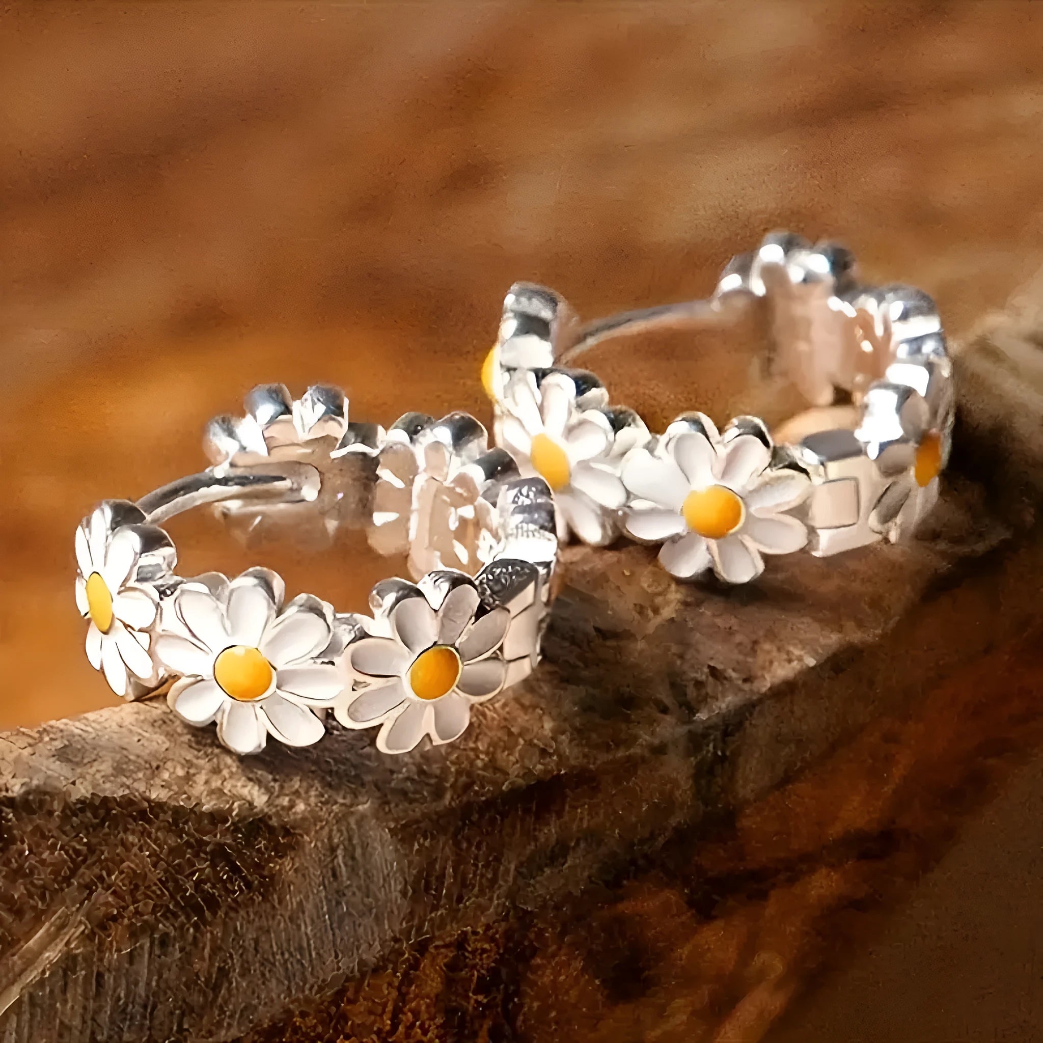 White daisy flower ring earrings with gemstone inlay and platinum electroplated finish