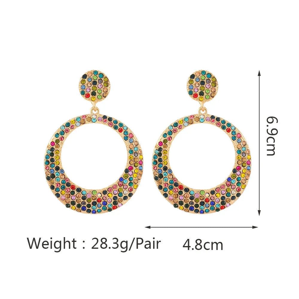 Colourful large pendant alloy earrings with metal diamond round design in European fashion style