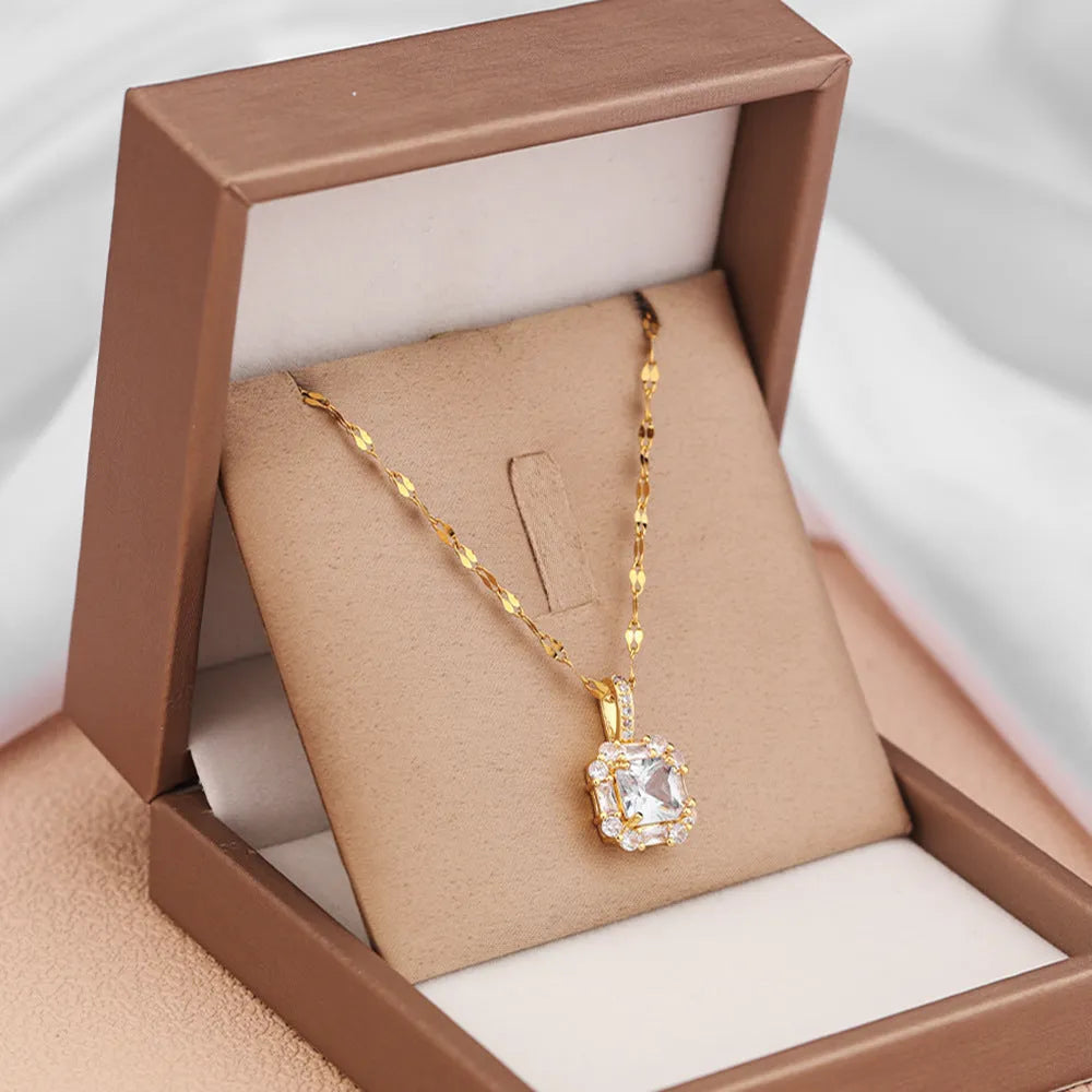 Women's gold-plated titanium steel clavicle chain necklace with geometric design and mixed gem inlaid zircon pendants