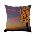 Square linen blend cushion cover with Route 66 landscape print, shown in one of six colour options.