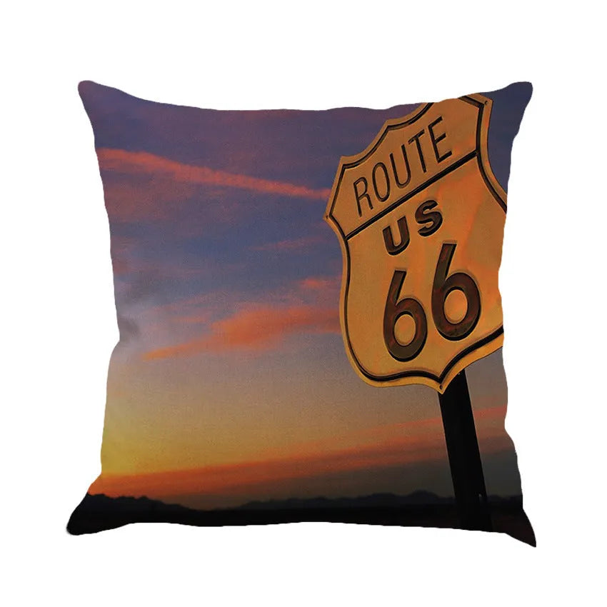 Square linen blend cushion cover with Route 66 landscape print, shown in one of six colour options.