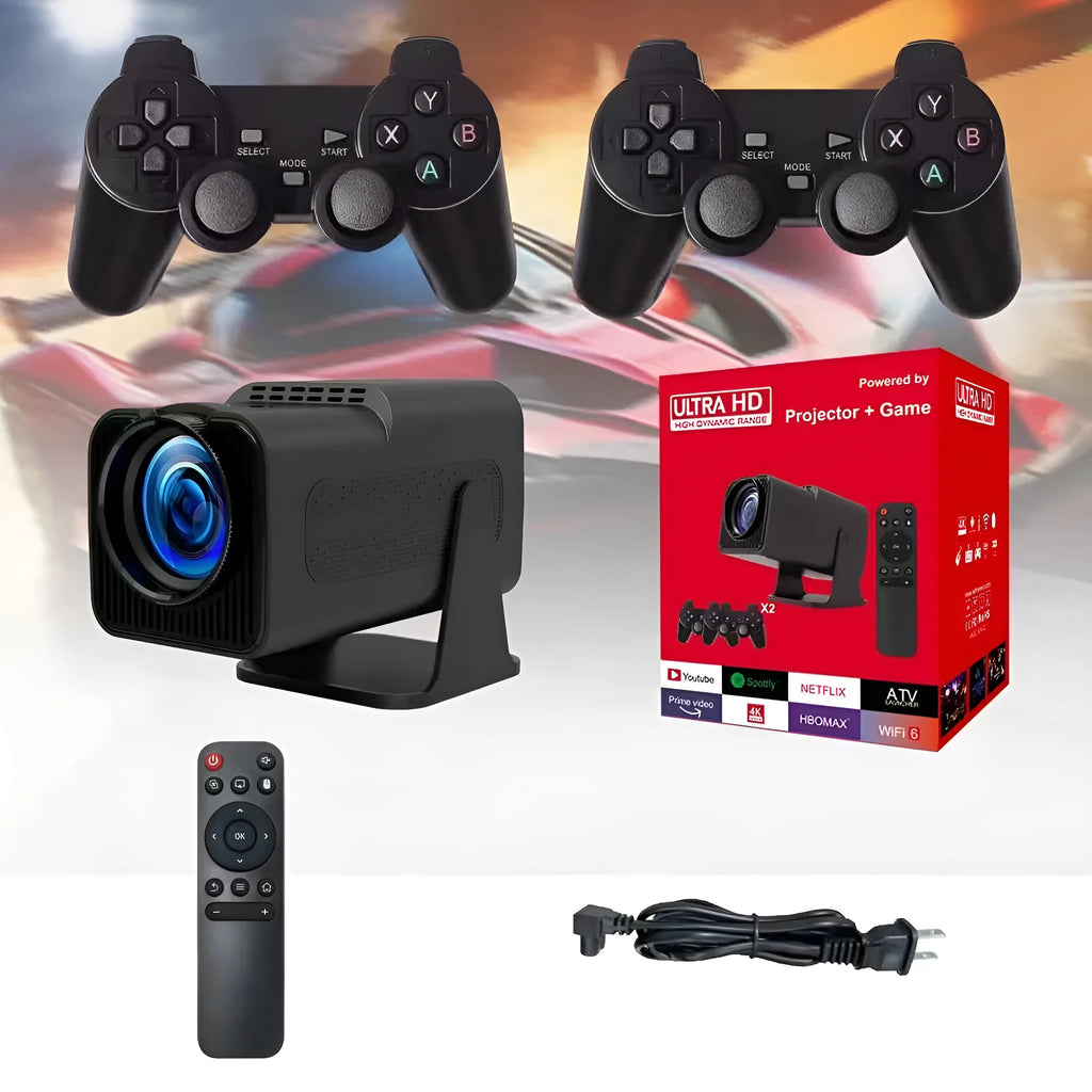 White portable home projector with handle showing 720p wireless gaming setup