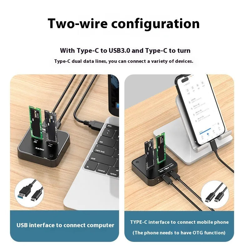 MAIWO K3016 M.2 solid state drive cloning dock with cables and power adapter on a desk