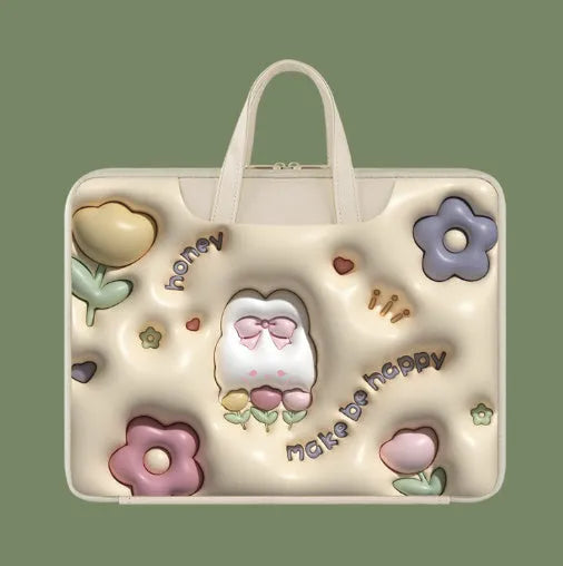 Inflatable PU leather laptop bag with suitcase hanger in cute panda print for a 15.6-inch device.