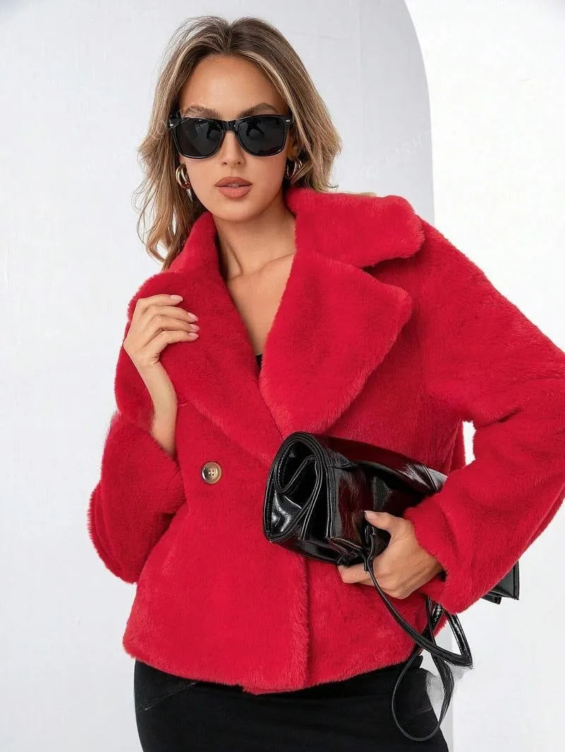 Women's short faux fur coat in loose fit with regular sleeves shown in available colours