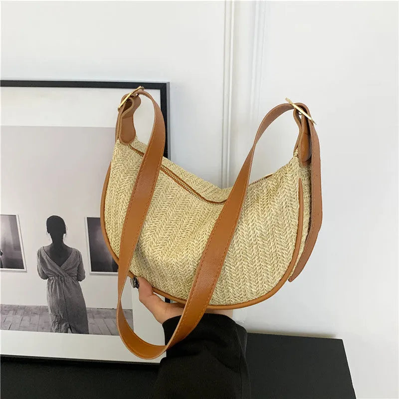 Women's knitted straw woven crossbody bag with internal compartments in corrugated brown colour