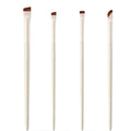Four angled eyeliner and eyebrow makeup brushes stored in a brown leather case.
