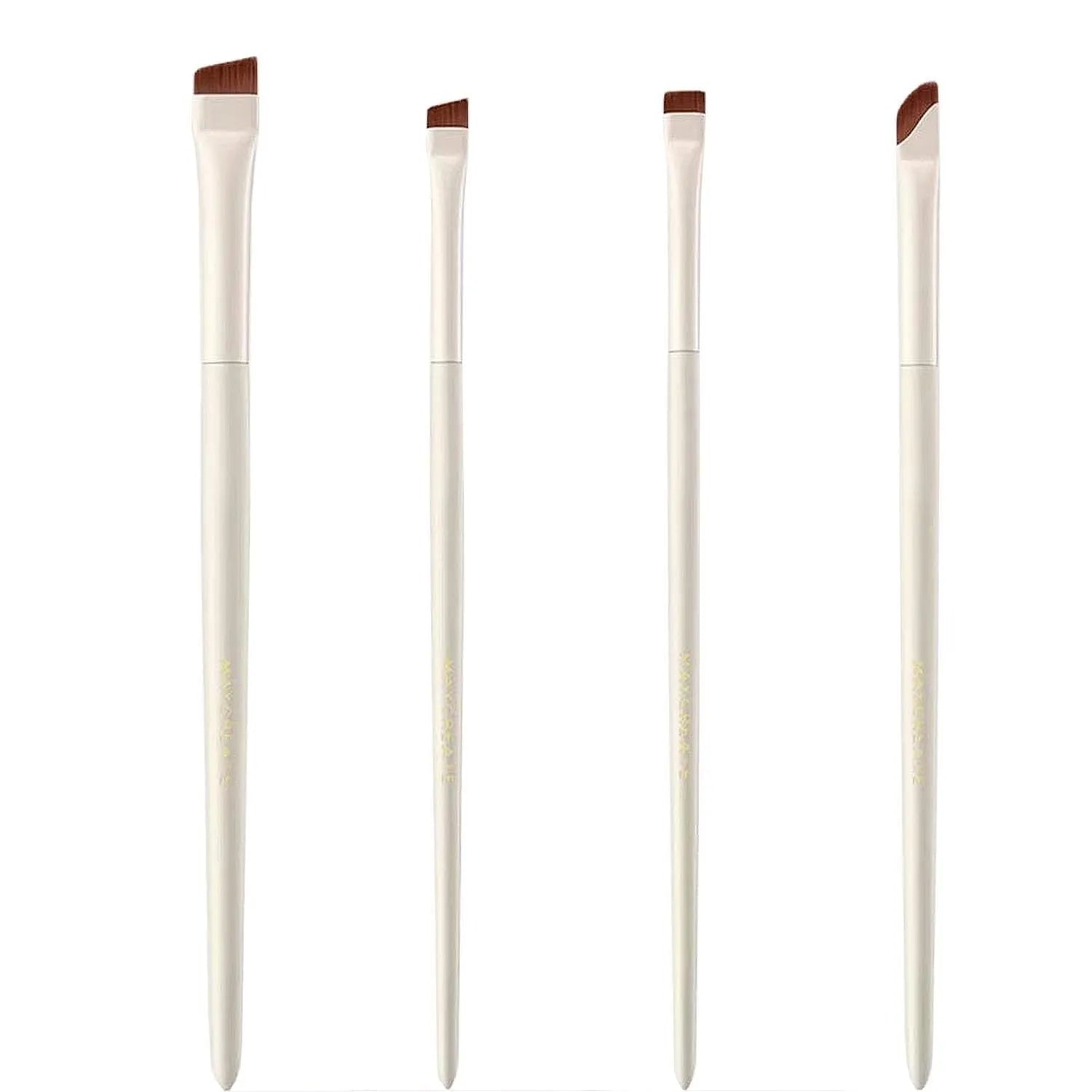 Four angled eyeliner and eyebrow makeup brushes stored in a brown leather case.