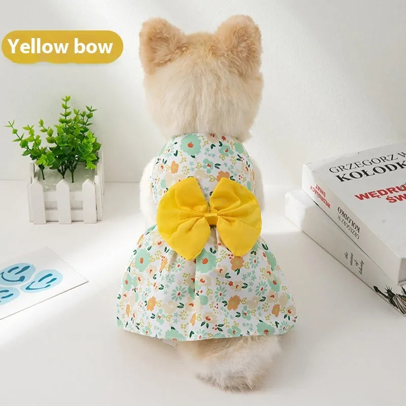 Orange bow floral butterfly pet dress with knot fastening on small dog